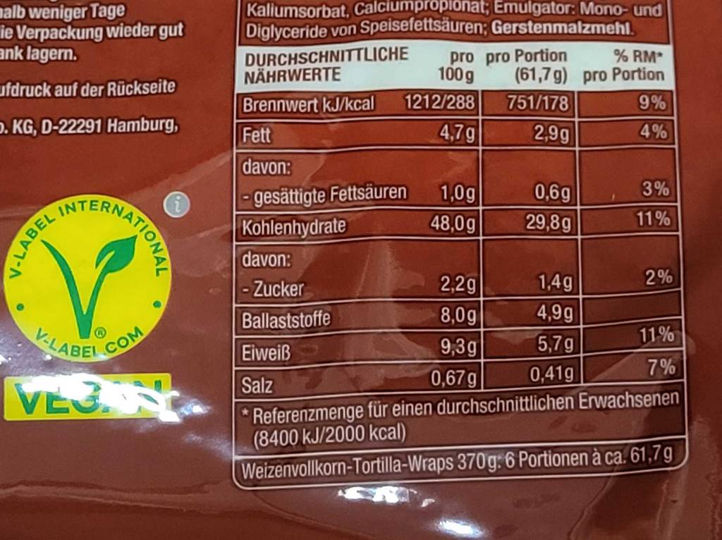 Tortilla-Wraps im Test: Detailansicht von durchschnittlichen Nährwerten auf der Verpackung.