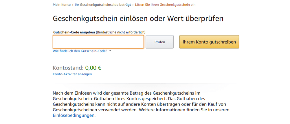 Feld zum Geschenkgutschein einlösen oder zum Wert überprüfen