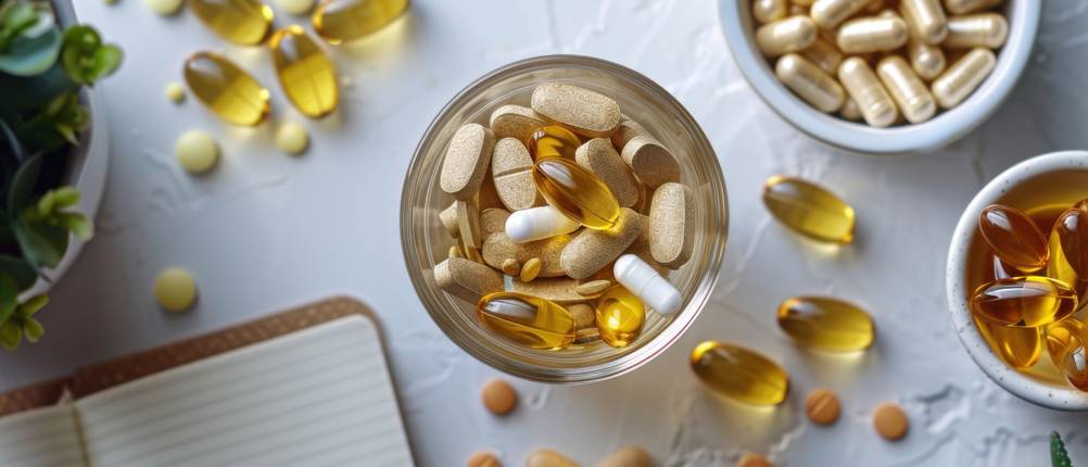 Haar-Vitamine-Test: Auf einem Tisch befinden sich mehrere Schälchen mit verschiedenen Vitaminen in Kapsel- und Tablettenform. 