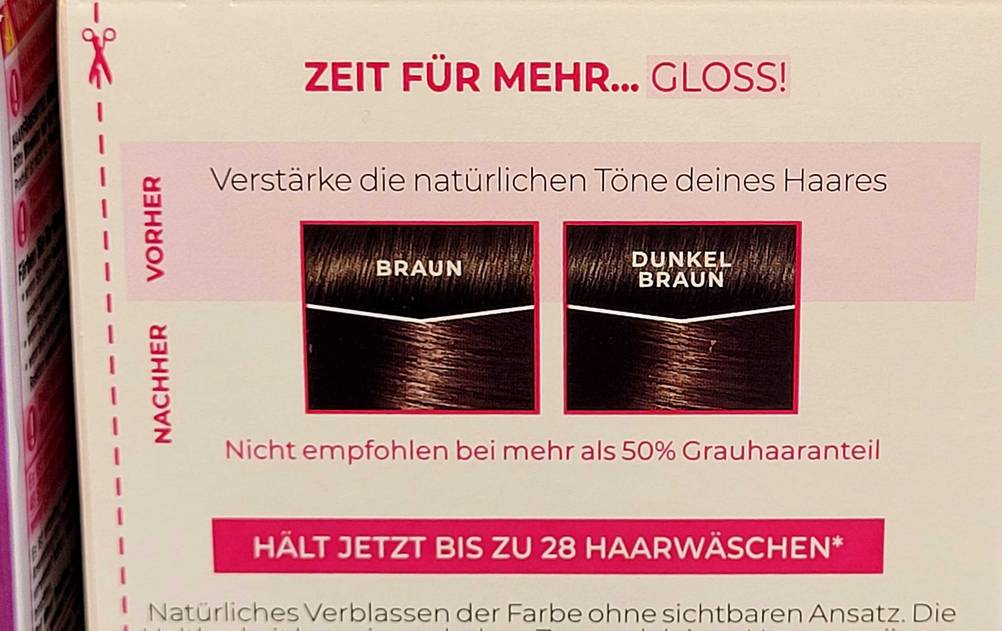 Haartönung (braun) getestet: Nahaufnahme der Informationen auf der Verpackung.