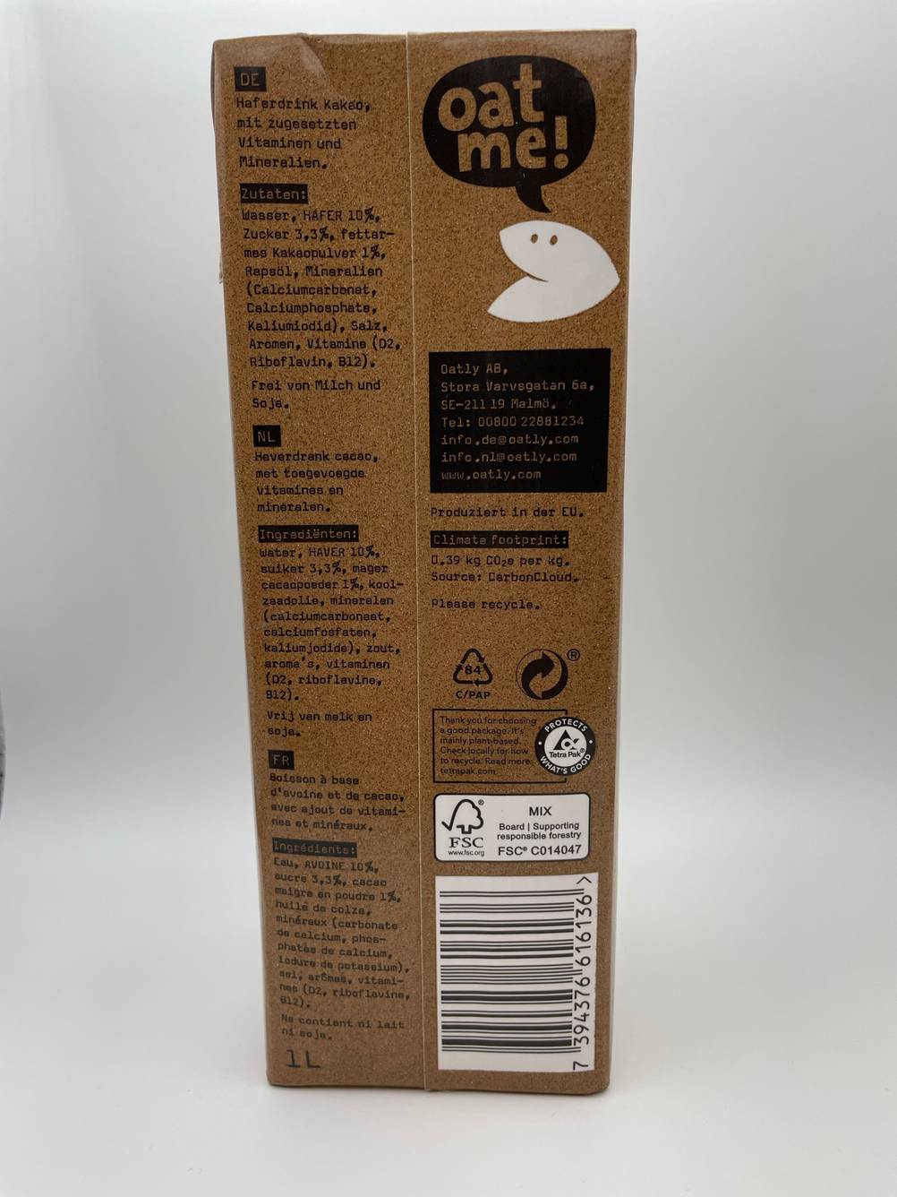 Rückseite von einem getestetem Haferdrink mit Nährwertangaben. 