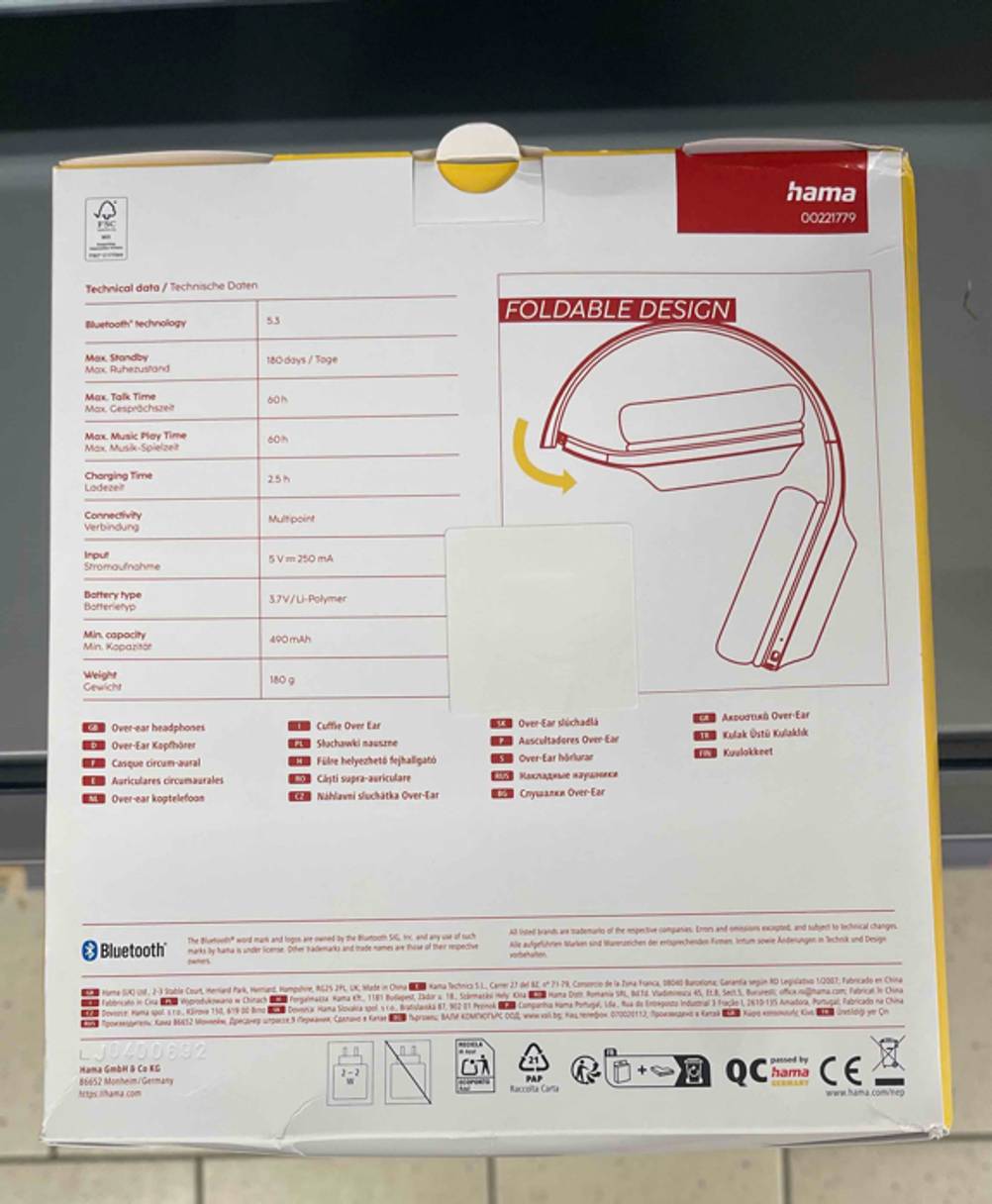 Nahaufnahme der Produktbeschreibung auf der Verpackung des getesteten Hama-Kopfhörers „Spirit Calypso III“.