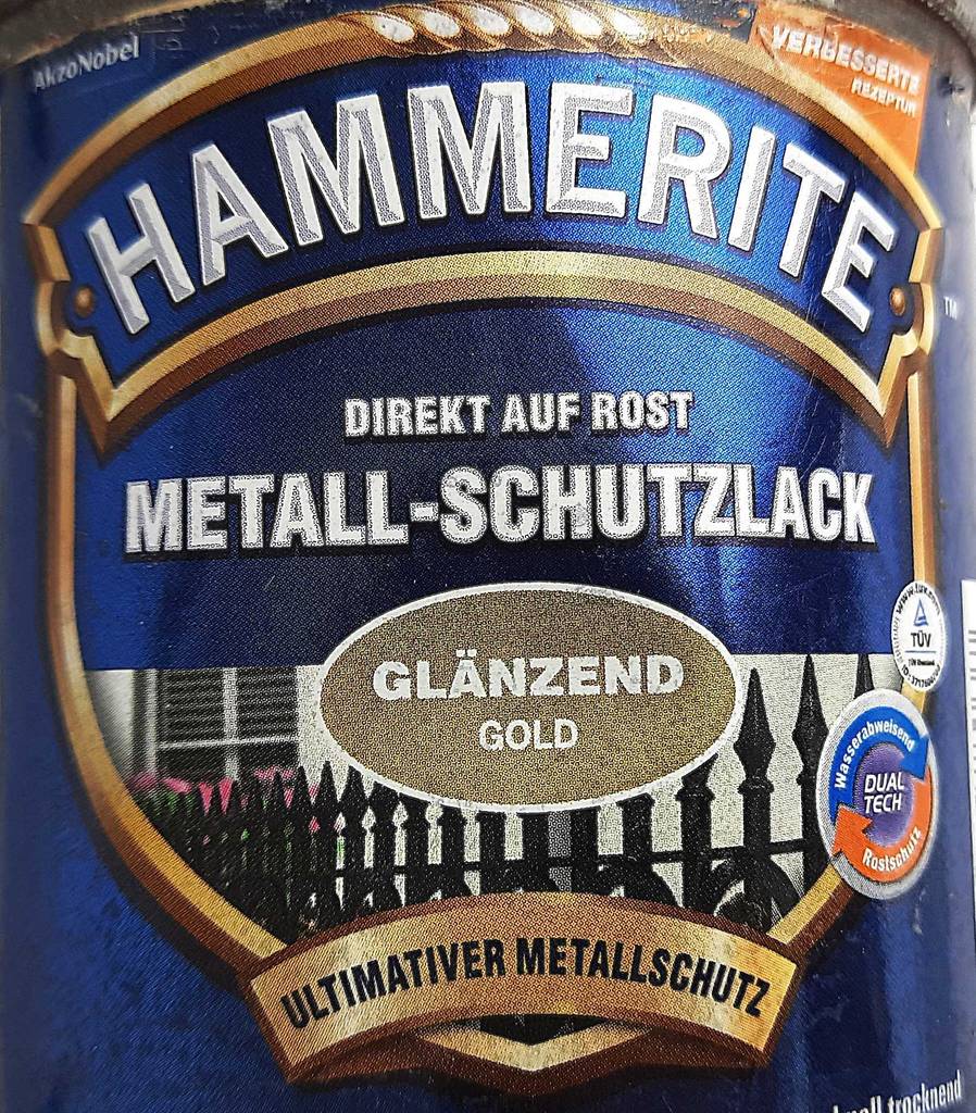 Getestet: Goldlack in der Dose. Detailansicht des Labels.
