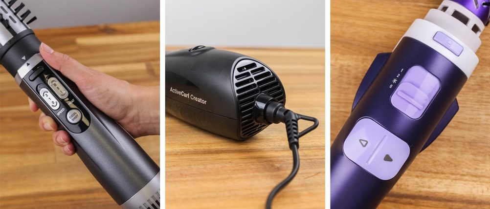 Collage zeigt die Handhabung von Warmluftbürsten.