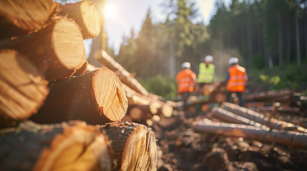 Handpackzange im Test: Gefälltes Holz und drei Waldarbeiter im Hintergrund mit Warnwesten.