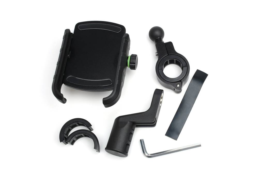 Bestandteile einer Fahrrad-Handyhalterung auf weißem Untergrund.
