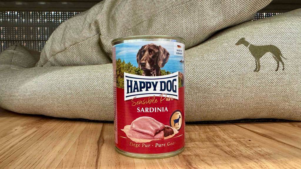 Eine Dose Happy Dog-Nassfutter steht zum testen vor Tierkissen.