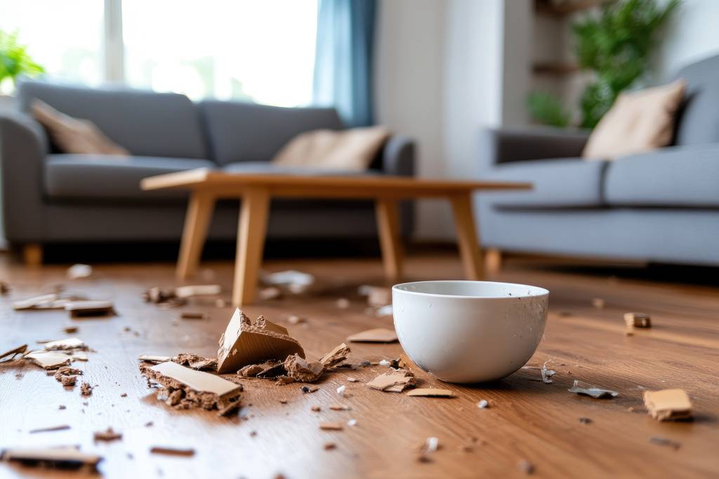 Kaputtes Holz liegt in einer Wohnung neben einer intakten Schale.