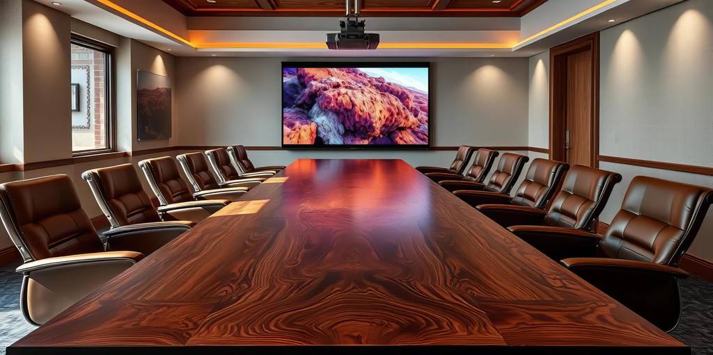 HDMI-Extender im Test: Konferenzraum mit 10 Chefsesseln, riesigem Tisch und einem Display mit Bild im Hintergrund; der Beamer hängt an der Decke.