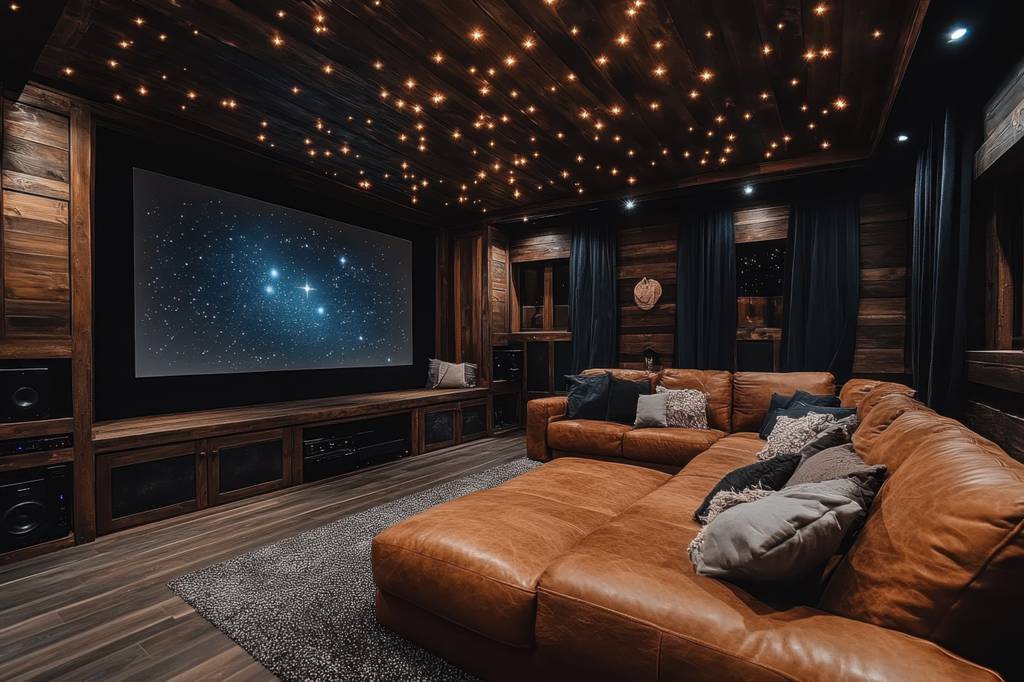 HDMI-Extender-4K-Test: Ein großer in Brauntönen eingerichteter Wohnraum mit großer Ledercouch und XXL-Leinwand, auf der ein Sternenhimmel zu sehen ist.