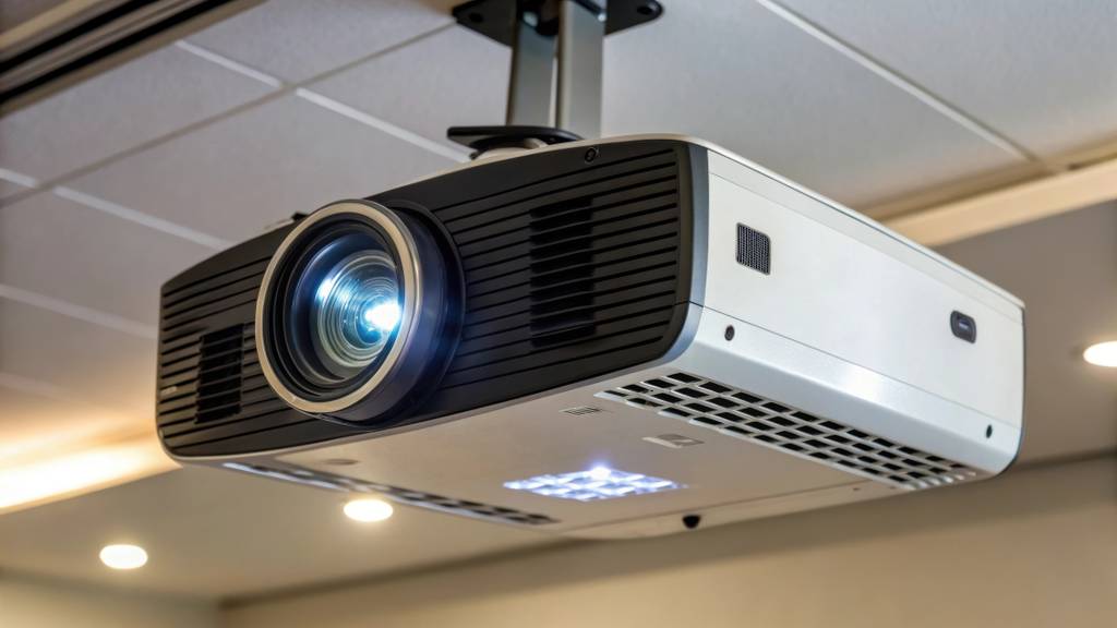 HDMI-Extender-4K-Test: Ein an der Decke montierter großer Beamer in hellgrau in Betrieb; im Hintergrund einige Deckenleuchten.