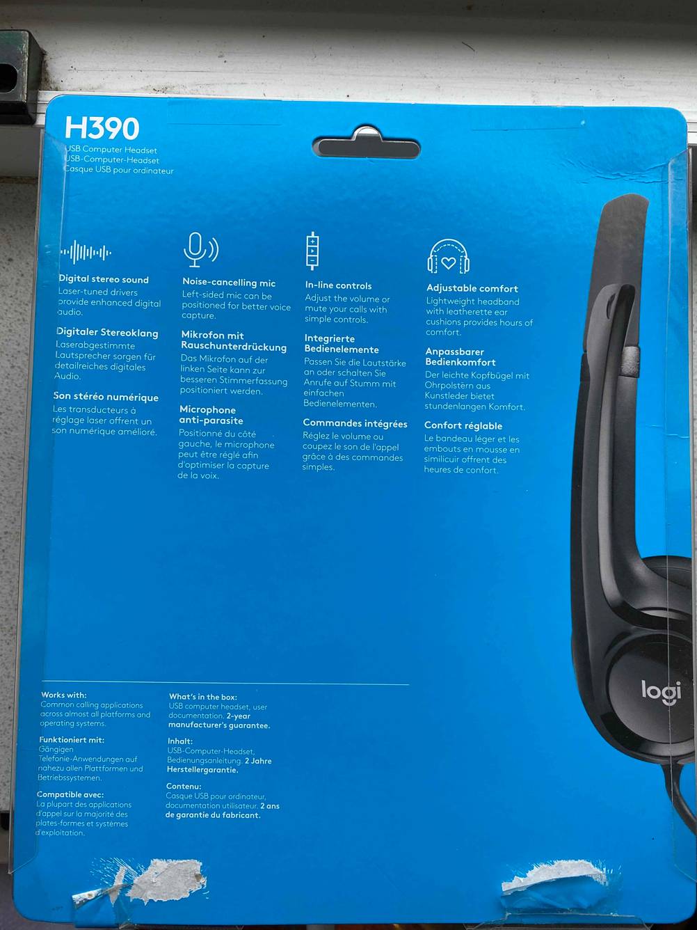Rückseite der Originalverpackung des getesteten Headset (Büro).