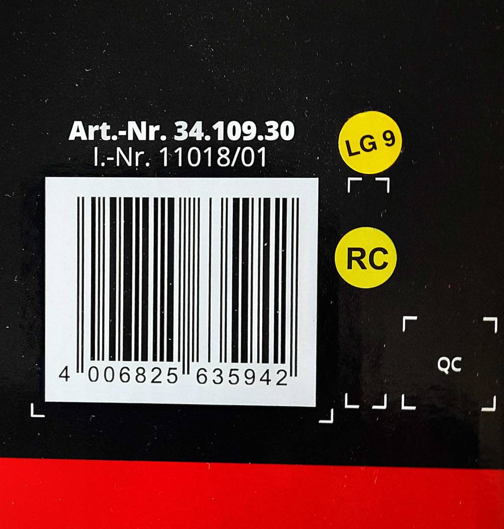 Heckenschere 60 cm getestetet: Nahaufnahme des Strichcodes auf der Verpackung.
