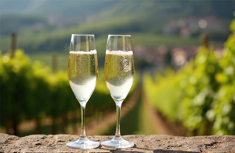 Heidsieck-Champagner im Test: Zwei Gläser Champagner vor einem Weinberg.