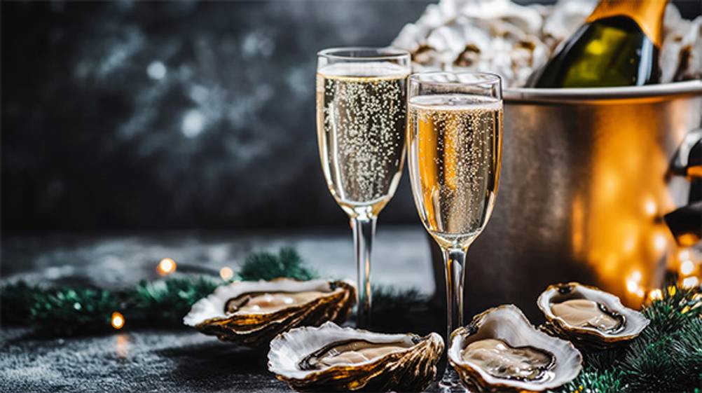 Heidsieck-Champagner im Test: Zwei eingeschenkte Champanger-Gläser zusammen mit Austern.