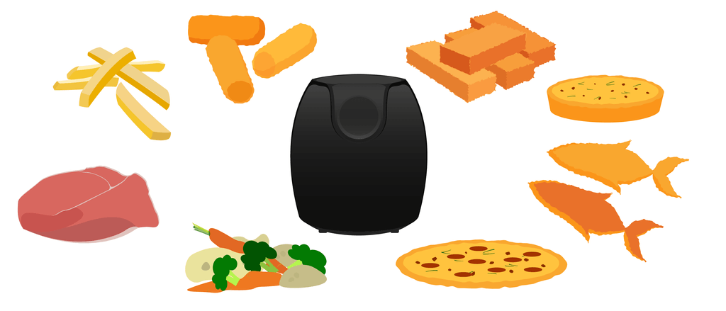 Heißluftfritteusen-Test: Die Grafik zeigt eine Heißluftfritteuse und verschiedene Gerichte, die darin zubereitet werden können.