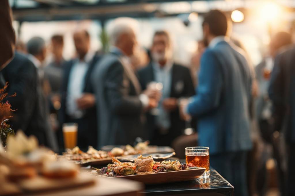 Heizkanone im Test: Männer mit Anzügen und Drinks im Hintergrund, Snacks und Drinks im Vordergrund.