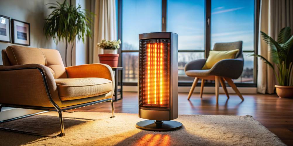 Heizpilz elektrisch im Test: Ein Infrarotgerät steht in einem Wohnraum und leuchtet typsich orange.