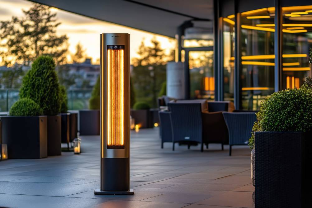 Heizpilz elektrisch im Test: Ein moderner Heizpilz steht auf einer großen Terrasse im Abendlicht – vermutlich ein Gastronomiebetrieb.
