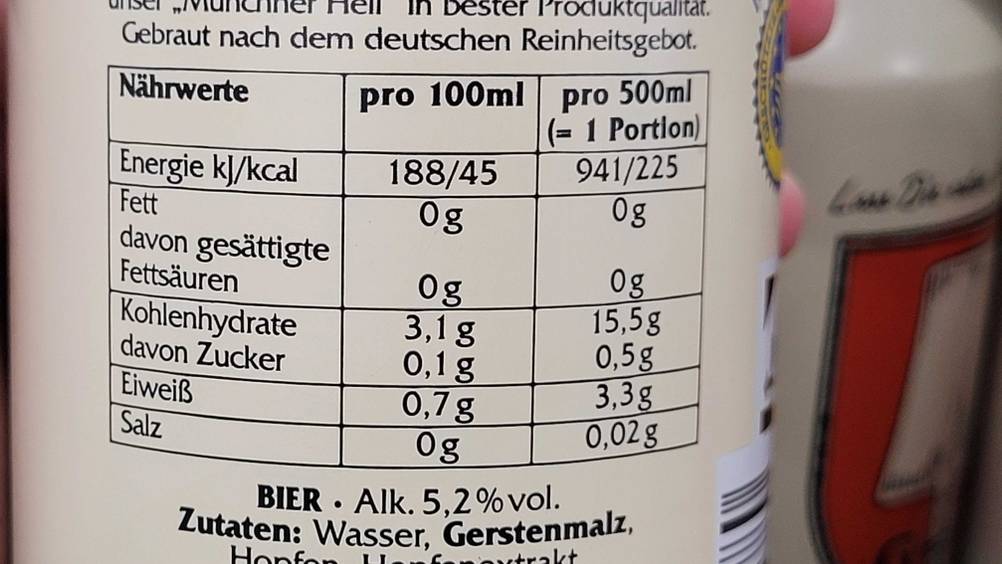 Helles Bier im Test: Nahaufnahme der Nährwerte.