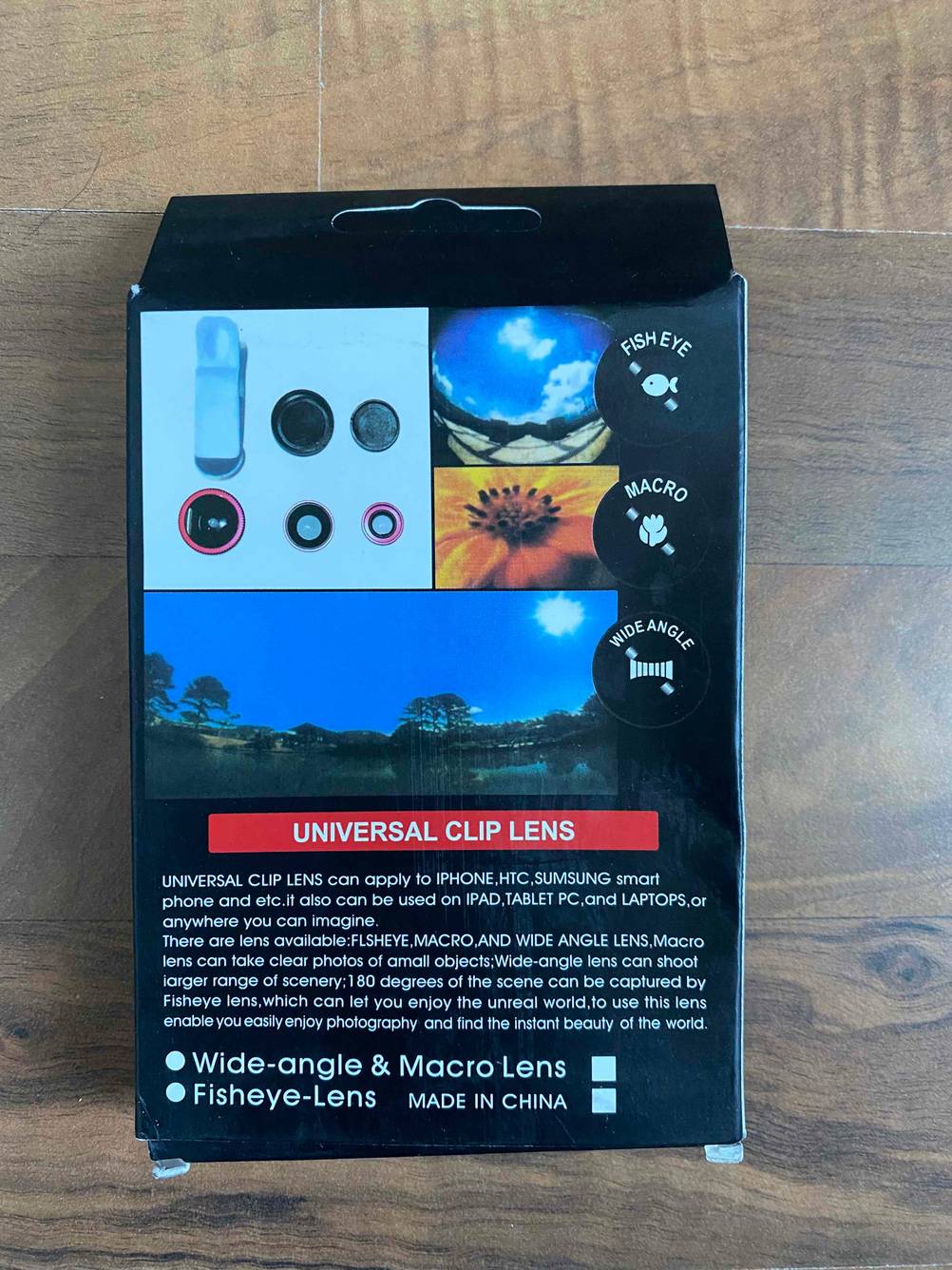 Rückseite der Originalverpackung inklusive Produktbeschreibung eines Universal Adapters Clip Lens Fisheye-Objektiv im Test.