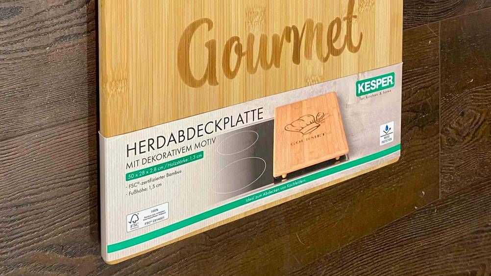 Herdabdeckplatten getestet: Nahaufnahme der Verpackung von Vorne mit Informationen.