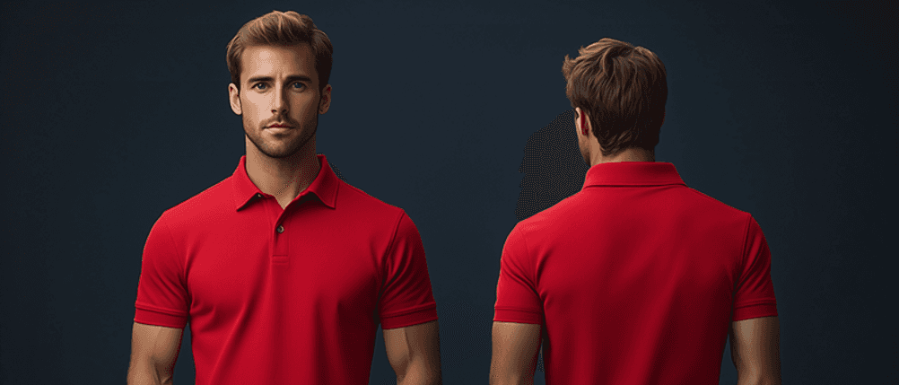 Herren-Poloshirt-Test: Ein Mann trägt ein rotes Poloshirt. Die Aufnahme zeigt ihn von vorne und von hinten.