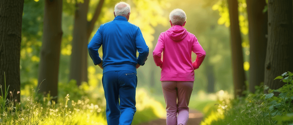 Herren-Trainingsanzug im Test: Ein Mann und eine Frau beim Joggen im Wald, beide in einem Trainingsanzug.