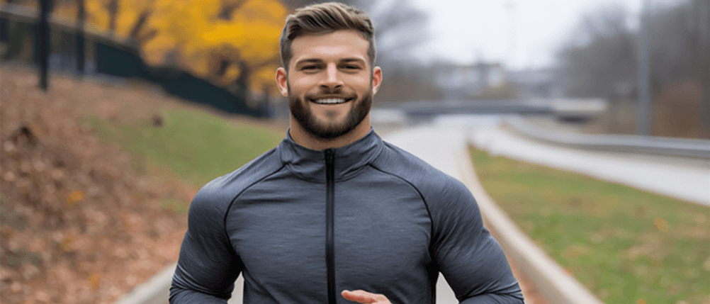 Herren-Trainingsanzug im Test: Ein Mann joggt in Trainingsjacke.