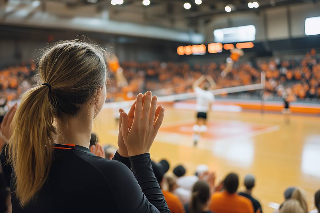 Herren-Volleyballschuh-Test: Eine Frau sitzt in der Tribüne bei einem Volleyball-Match und klatscht. 