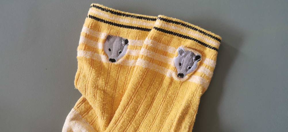 Auf getesteten gelben Socken ist am Bund ein Tier aufgestickt.