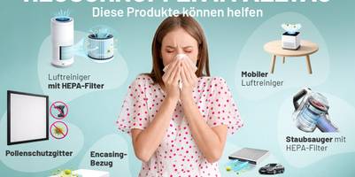 Eine Illustration zur Pressemitteilung. In der Mitte ist eine junge Frau, die in ein Taschentuch schnaubt. Um sie herum sind in einer wolkenartigen Grafik Bilder von Produkten angeordnet. Rechts unten ist das Logo von Vergleich.org.