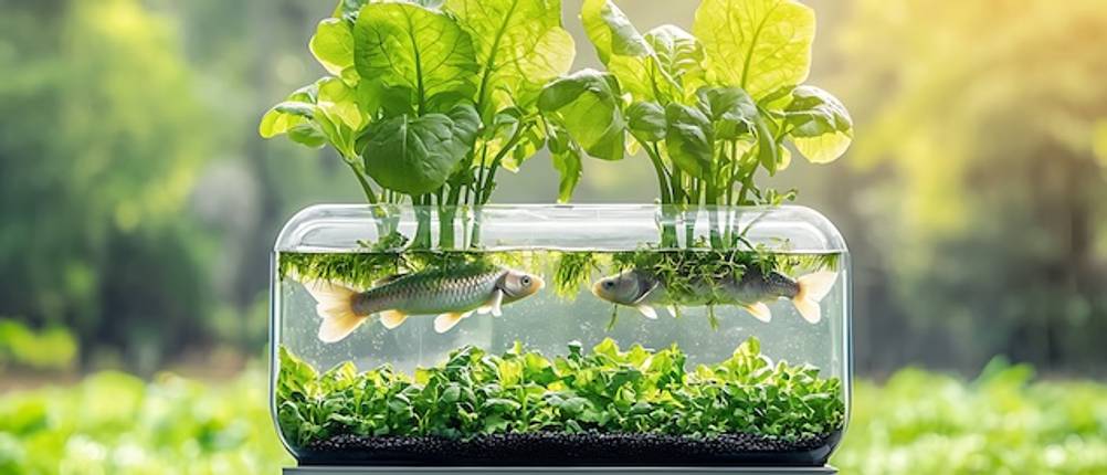 Ein kleiner Hochteich aus Glas mit Pflanzen und Fischen getestet.