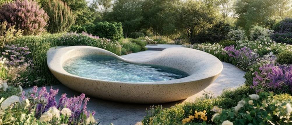 Hochteich im Test: Ein moderner Teich in einem geschwungenen Betonbecken in einem Garten.