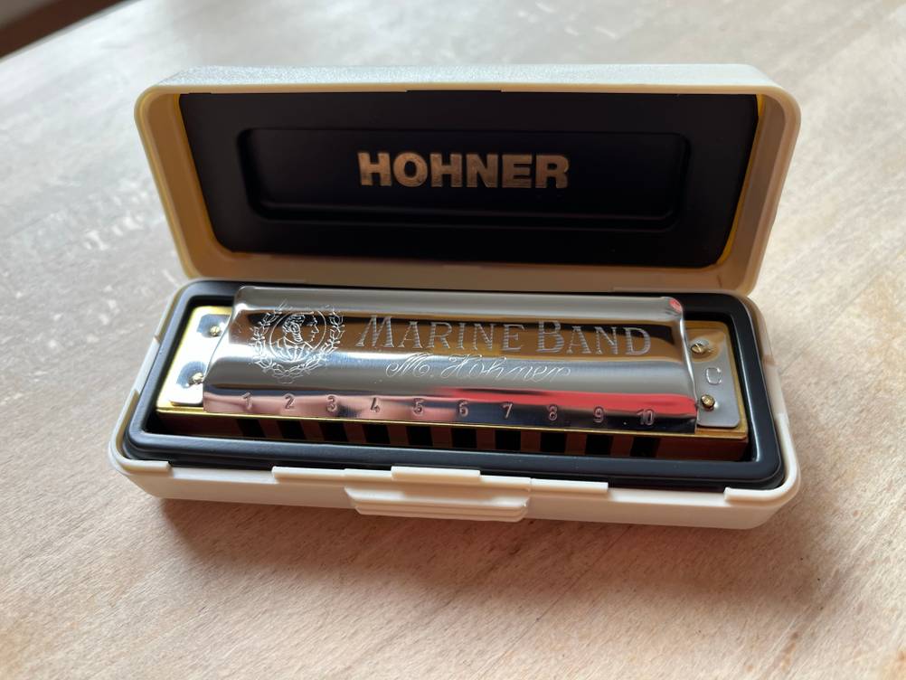 Eine getestete Mundharmonika im geöffneten Kasten.