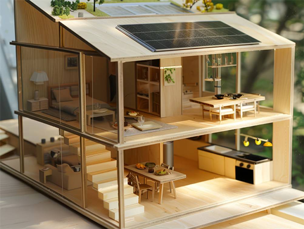 Holz-Puppenhäuser im Test: Ein modernes Puppenhaus mit modernem Interior, Glasfronten und einem Solarpaneel auf dem Dach.