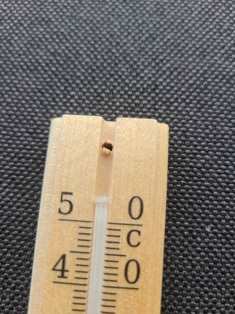 Ein Thermometer analog im Test hat an der oberen Seite ein Loch zum aufhängen.