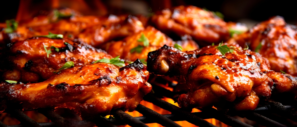 Nahansicht von Fleisch auf einem Grill über Feuer.