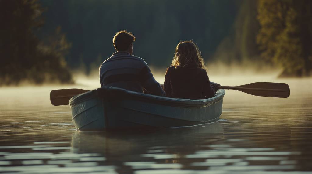 Holzruder-Test: Ein Pärchen rudert auf einem See im Morgengrauen. 