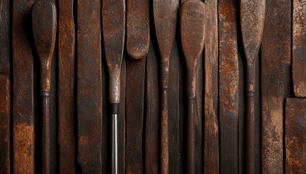Holzruder-Test: Mehrere Holzruder an der Wand. 