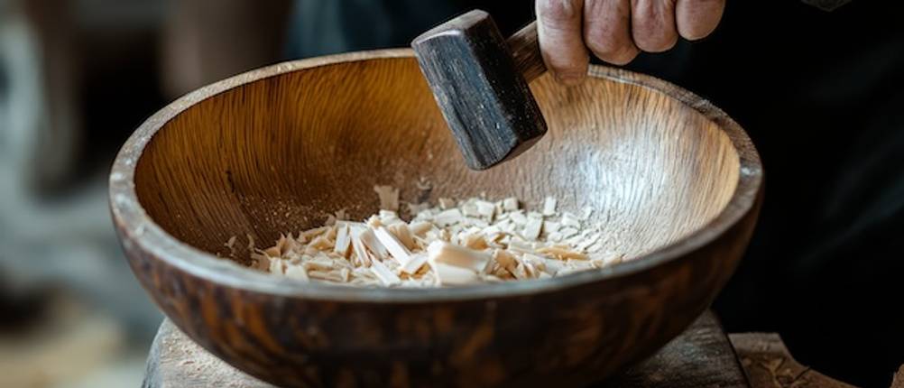 Das Herstellen einer Holzschüssel getestet: Nahaufnahme einer Holzschüssel mit Holzspänen. Eine Hand hält einen Hammer zur Bearbeitung der Schüssel.