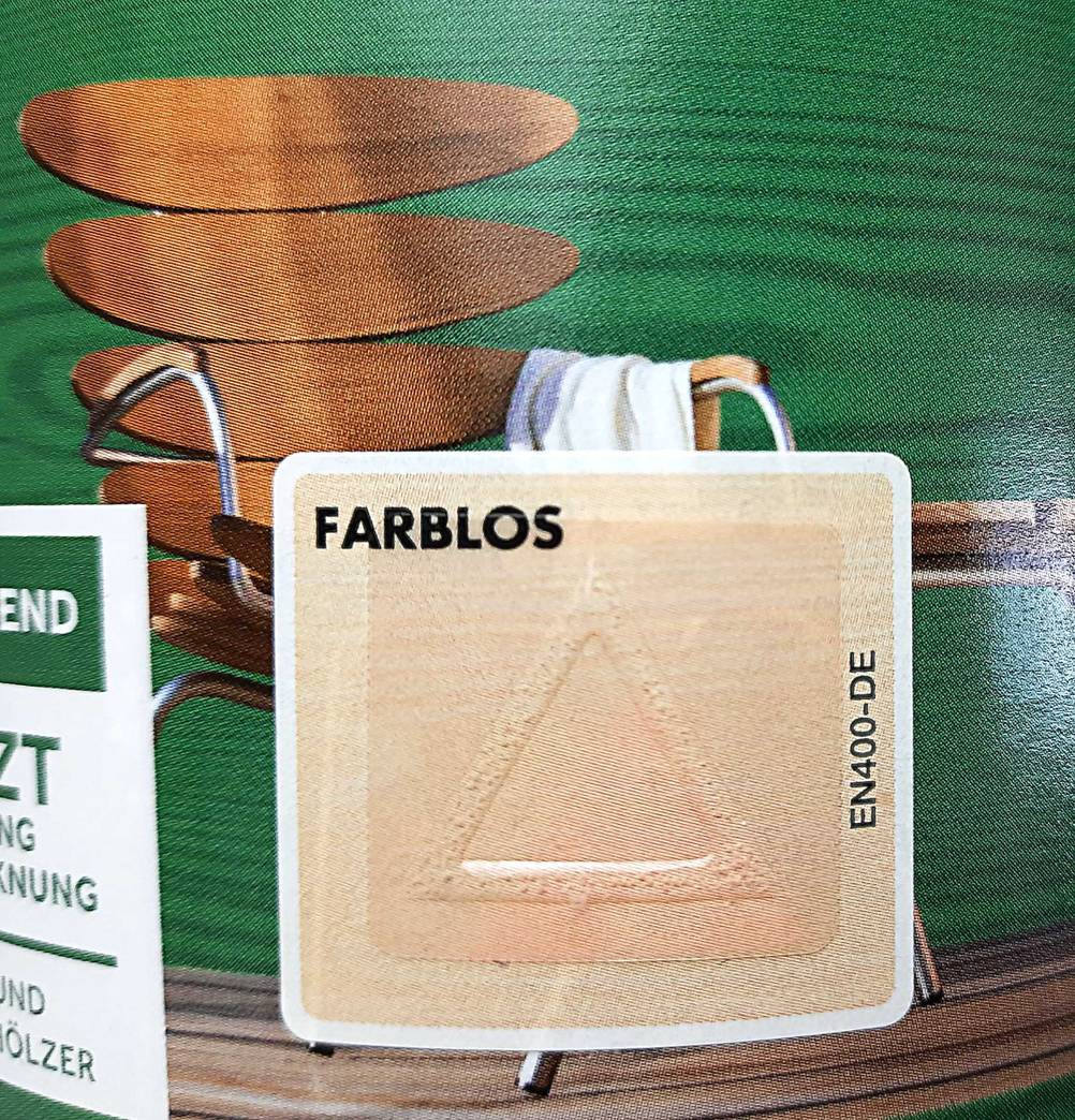 Getestet: Nahaufnahme der Inforgrafik auf der Dose Holzschutzmittel mit dem Farbcode.