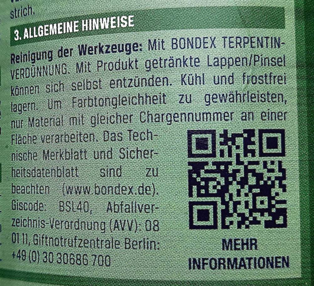 Holzschutzmittel-Test: Nahaufnahme der Allgemeinen Hinweise auf der Rückseite der Verpackung.