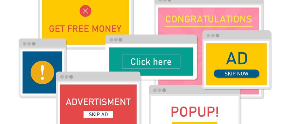 Grafische Darstellung mehrere Werbeanzeigen und Pop-up-Fenster.