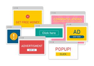 Homepage-Baukästen im Test: Grafische Darstellung mehrere Werbeanzeigen und Pop-up-Fenster.