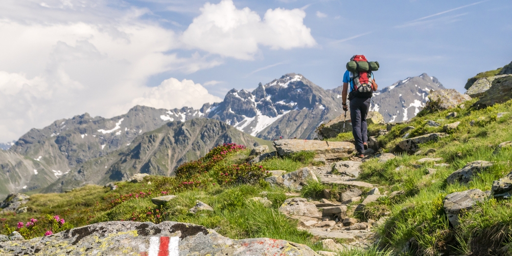 Eine Person wandert in der Natur mit einem Rucksack