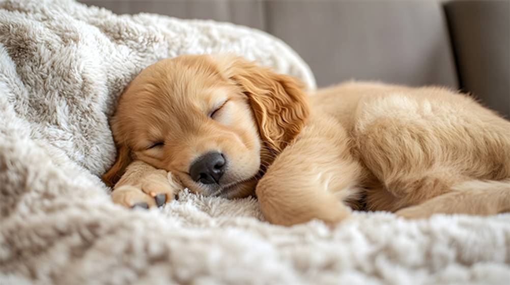 Hunde-Thermodecke getestet: Dieser Golden-Retriever-Welpe schläft auf einer Thermodecke.