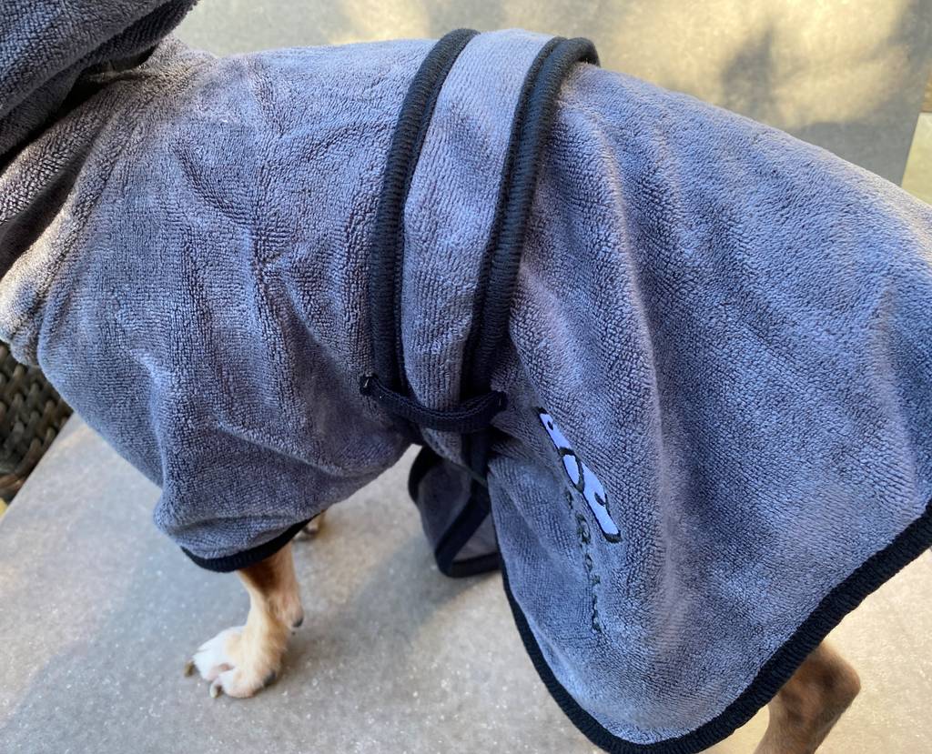 Ein guter Hundebademantel sollte auch die untere Brust ausreichend verhüllen, damit der Hund sich von wohliger Wärme ummantelt fühlt.