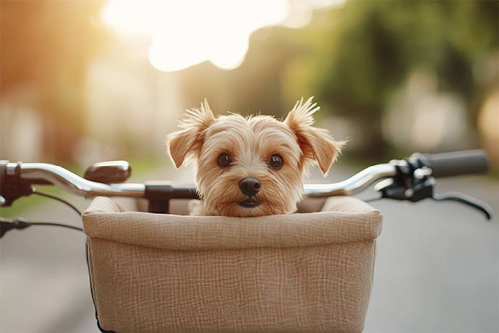 Hundefahrradkorb im Test: Ein Hund sitzt in einem weich gepolsterten Hundefahrradkorb.
