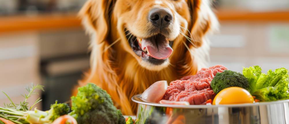 Hundefutter im Abo: Ein Hund sitzt hinter einem Napf mit frischem Fleisch und Gemüse.